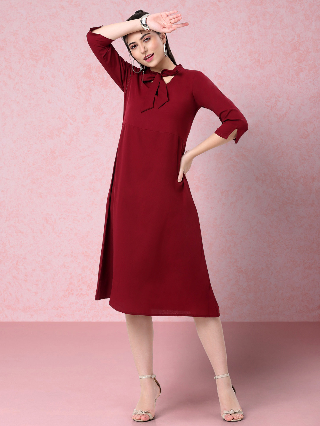 

RAISIN Tie-Up Neck Crepe A-Line Midi Dress, Maroon