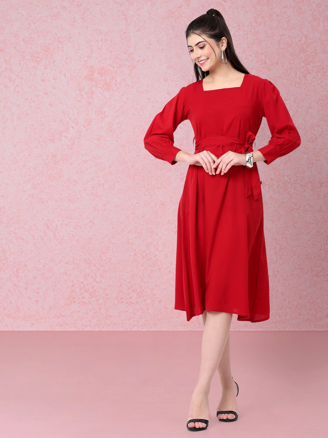 

RAISIN Square Neck Cuffed Sleeves Waist Tie Ups Fit & Flare Midi Dress, Red