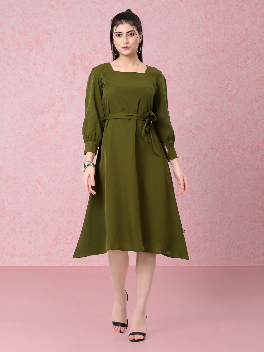 

RAISIN Square Neck Cuffed Sleeve Waist Tie-Up Fit & Flare Midi Dress, Green