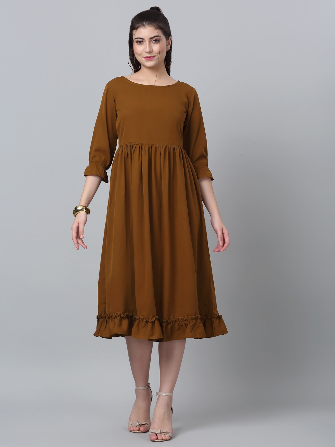 

RAISIN Round Neck Fit & Flare Gathered Midi Dress, Olive