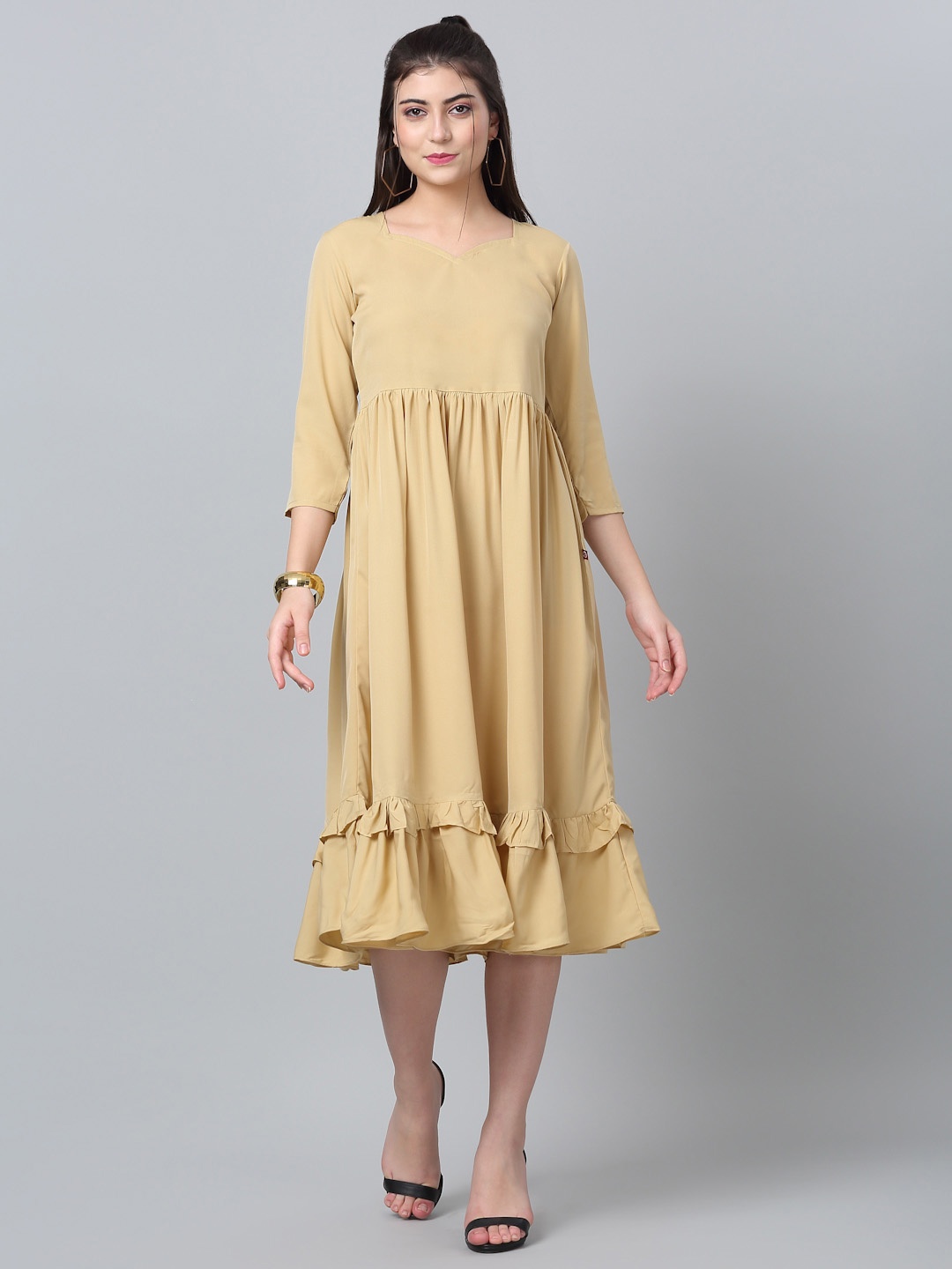 

RAISIN Ruffles Crepe Fit & Flare Midi Dress, Gold