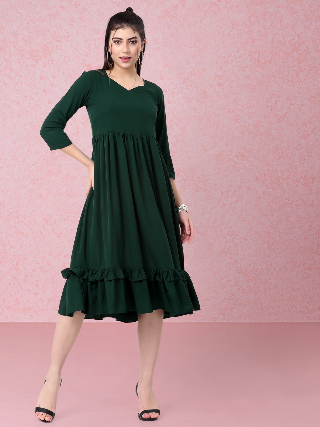 

RAISIN Crepe Sweet Heart Neck Fit & Flare Midi Dress, Green