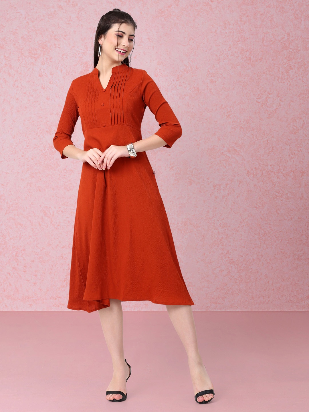 

RAISIN Mandarin Collar A-Line Midi Dress, Rust