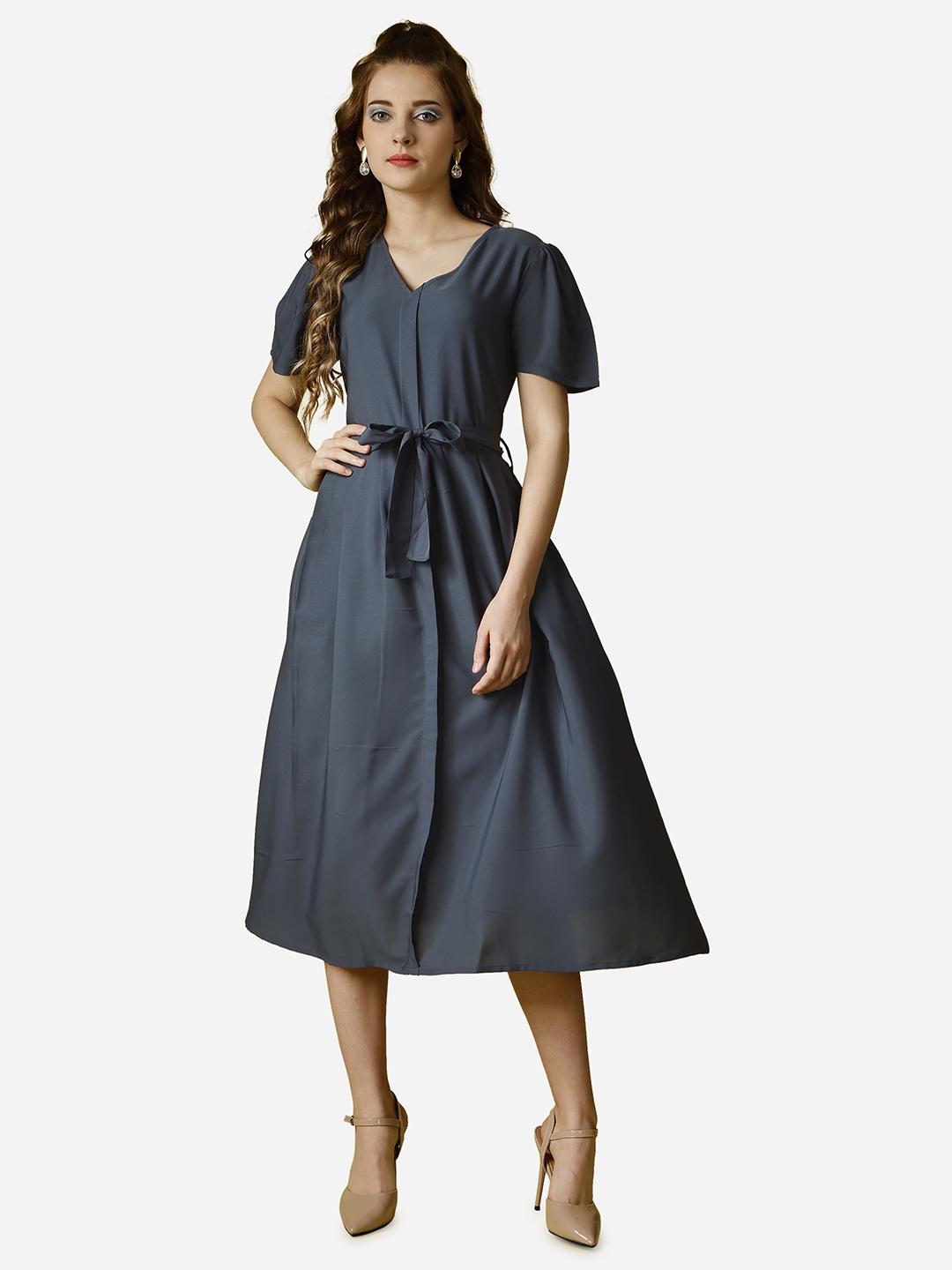 

RAISIN V-Neck Puff Sleeve Fit & Flare Midi Dress, Grey