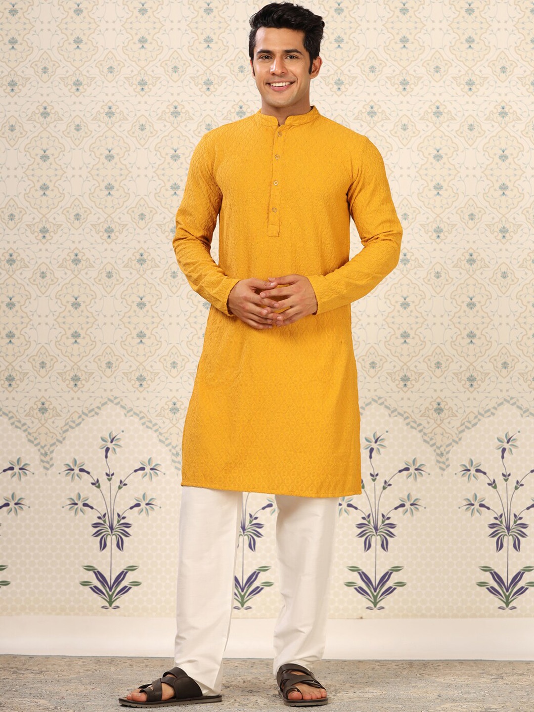 

House of Pataudi Floral Embroidered Thread Work Straight Kurta, Mustard