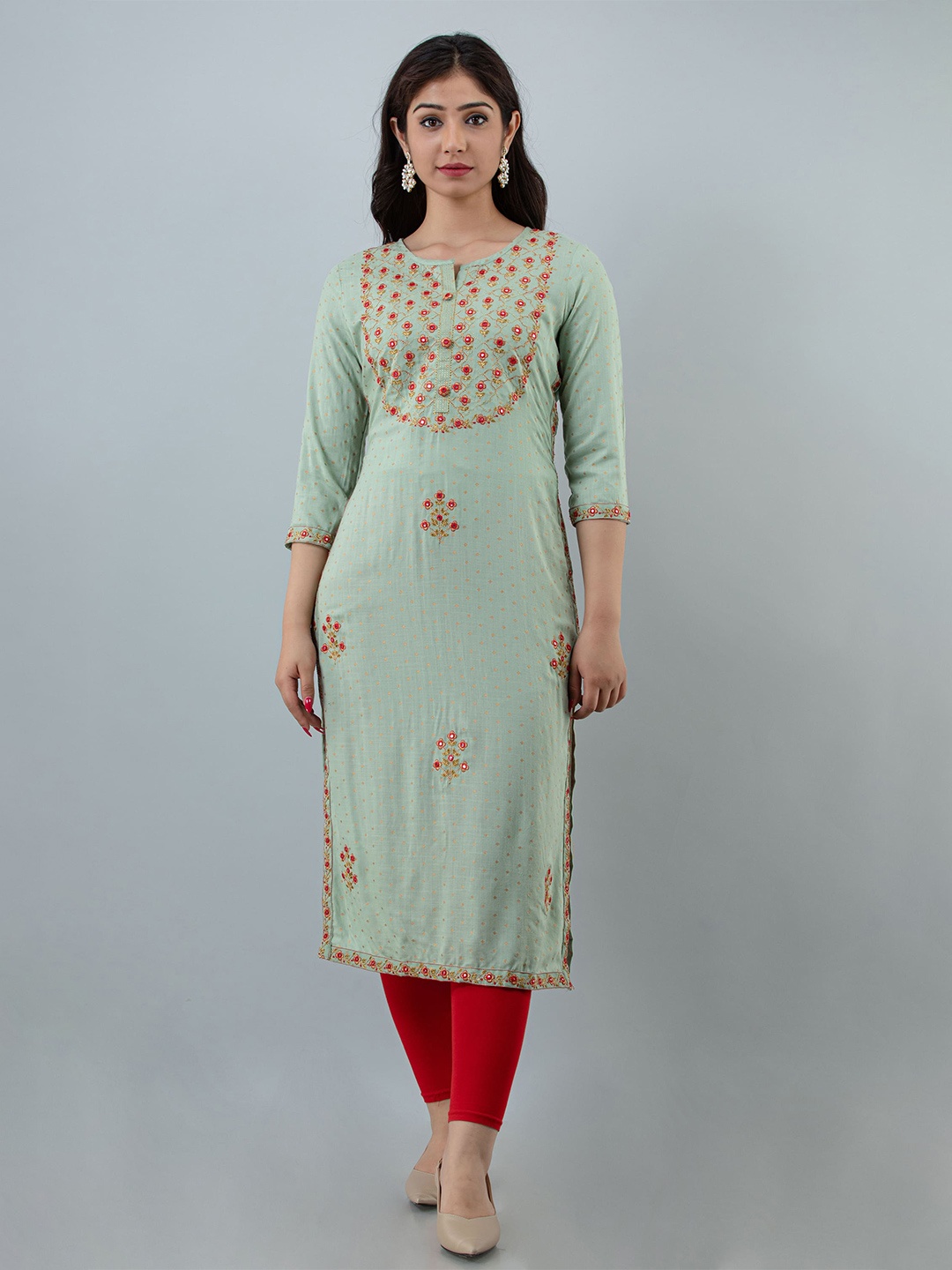

KALINI Ethnic Motifs Embroidered Thread Work Kurta, Green