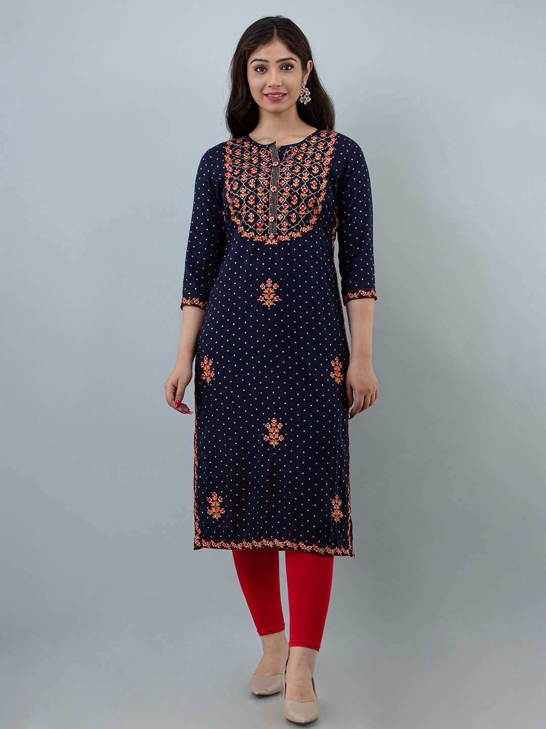 

KALINI Floral Embroidered Straight Kurta, Navy blue