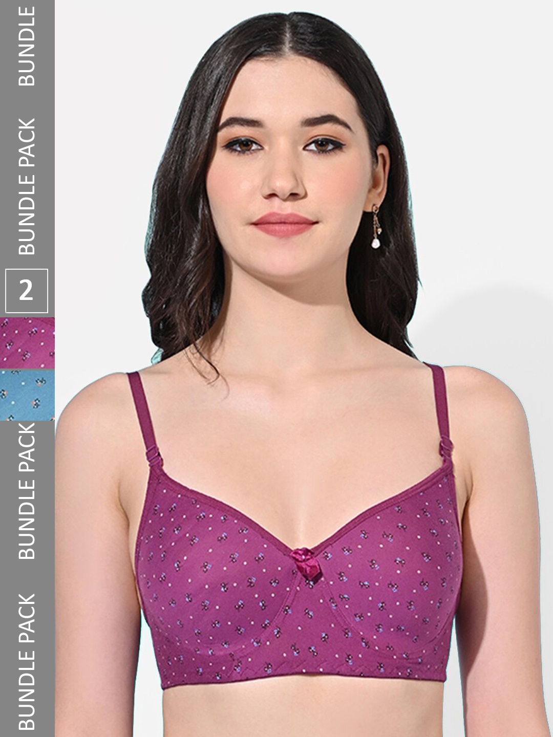 

FIMS Pack Of 2 Floral Printed Cotton Lightly Padded All Day Comfort Seamless Bra, Purple