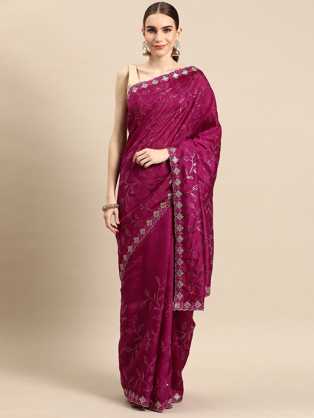 

Tasarika Floral Sequinned Saree, Fuchsia