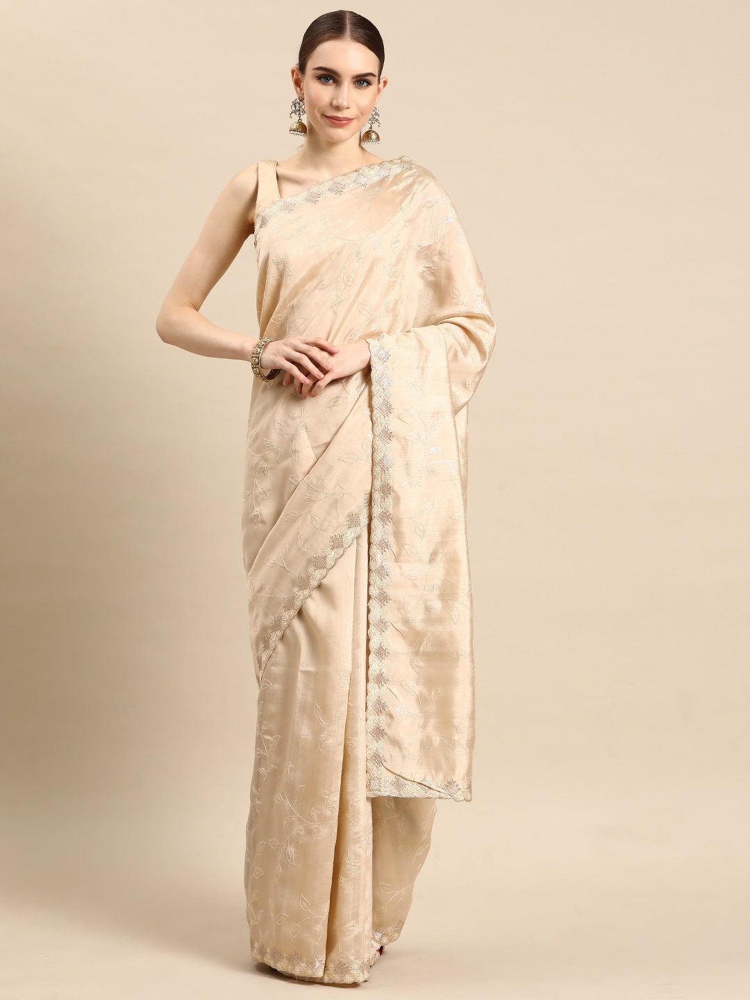

Tasarika Floral Embroidered Saree, Cream
