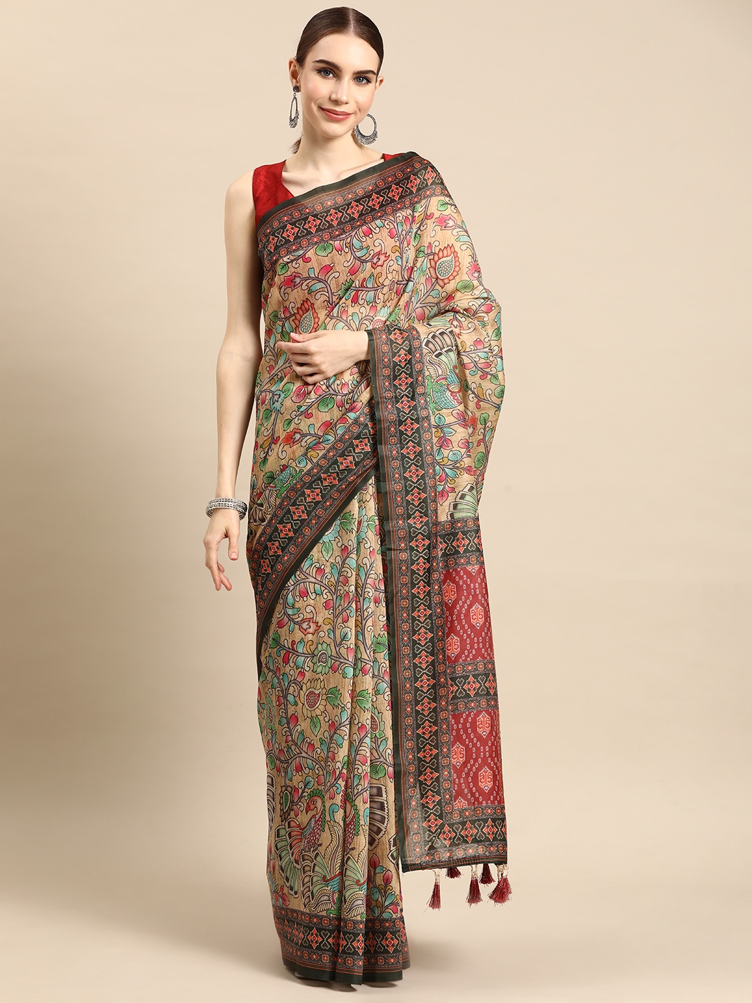 

Tasarika Kalamkari Printed Saree, Cream