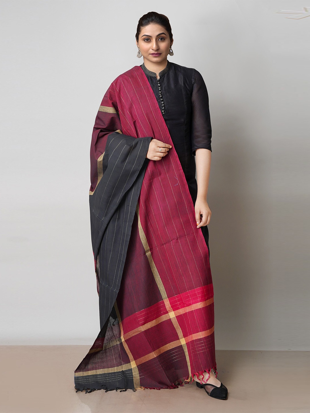 

Unnati Silks Striped Woven Design Pure Cotton Dupatta, Black