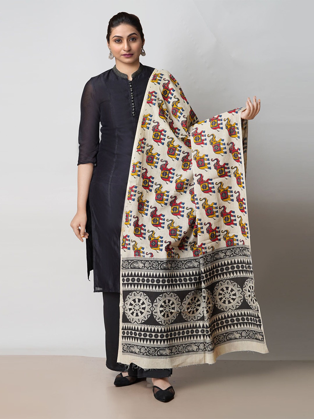 

Unnati Silks Ethnic Motifs Printed Pure Cotton Kalamkari Dupatta, Cream