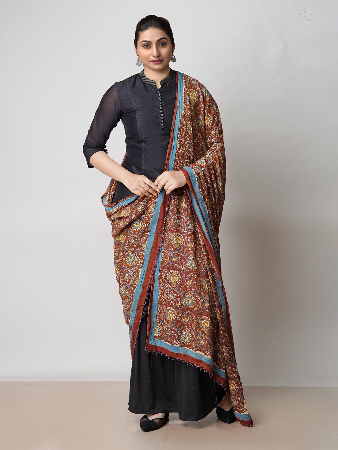 

Unnati Silks Ethnic Motifs Printed Pure Cotton Kalamkari Dupatta, Brown