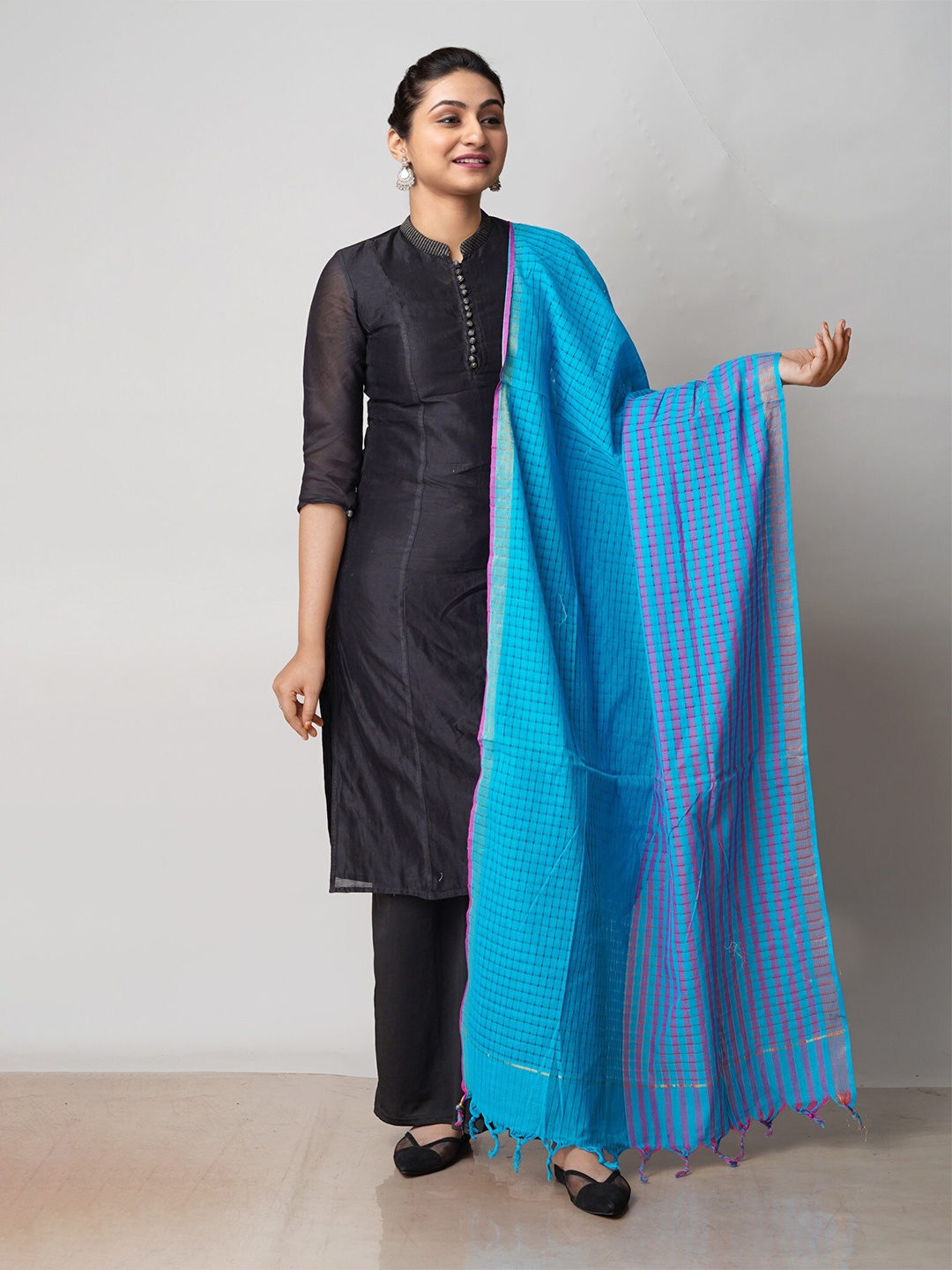 

Unnati Silks Checked Pure Cotton Dupatta, Blue