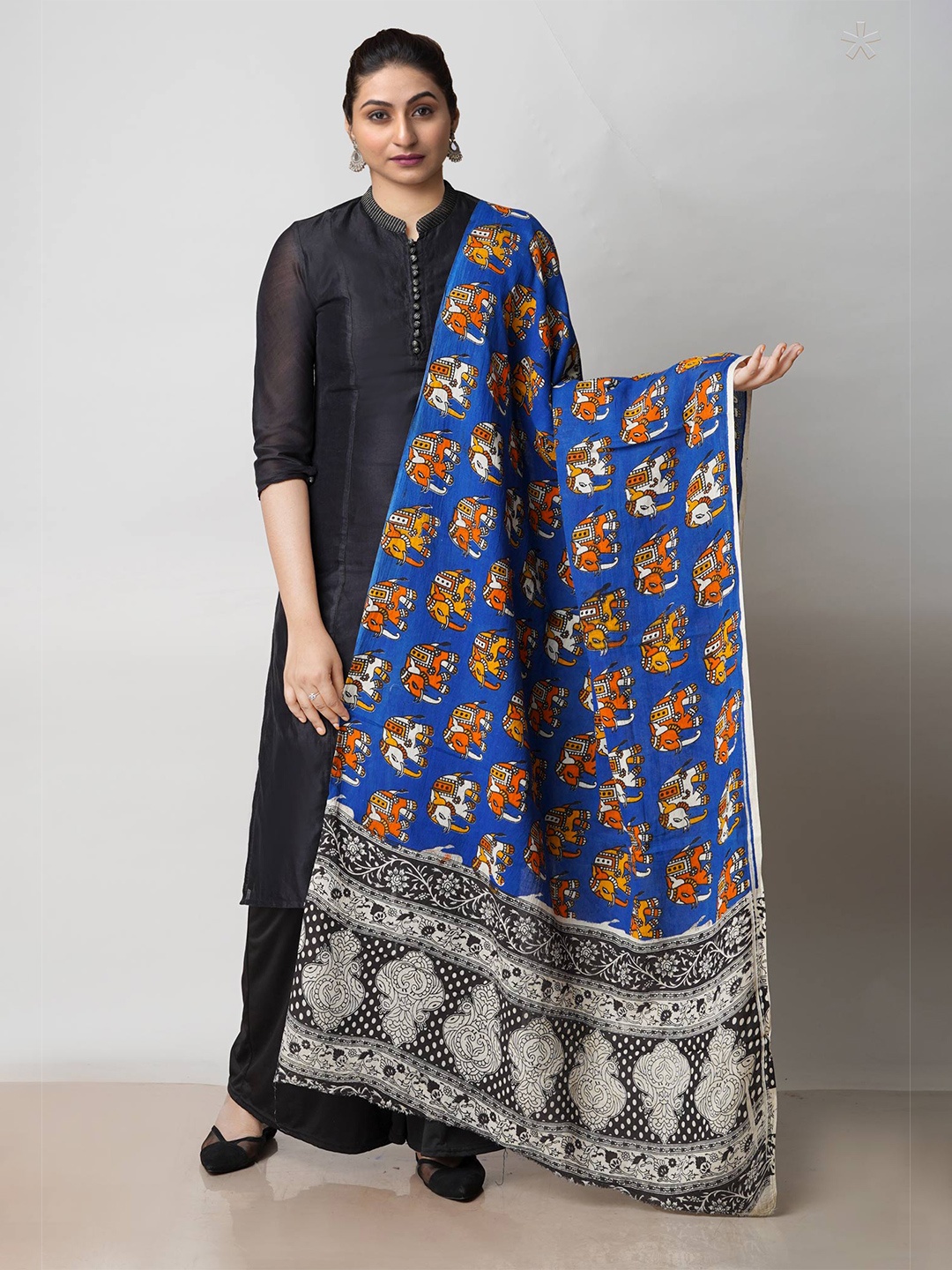 

Unnati Silks Ethnic Motifs Printed Pure Cotton Kalamkari Dupatta, Blue