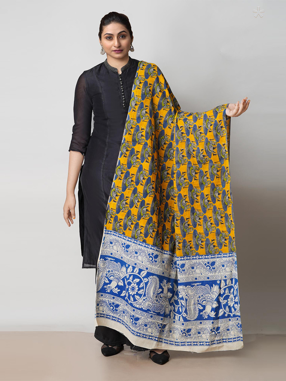 

Unnati Silks Ethnic Motifs Printed Pure Cotton Kalamkari Dupatta, Yellow