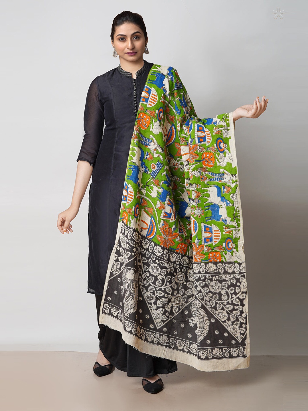 

Unnati Silks Ethnic Motifs Printed Pure Cotton Kalamkari Dupatta, Green