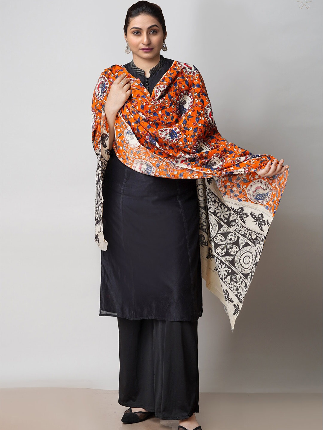 

Unnati Silks Ethnic Motifs Printed Pure Cotton Kalamkari Dupatta, Orange