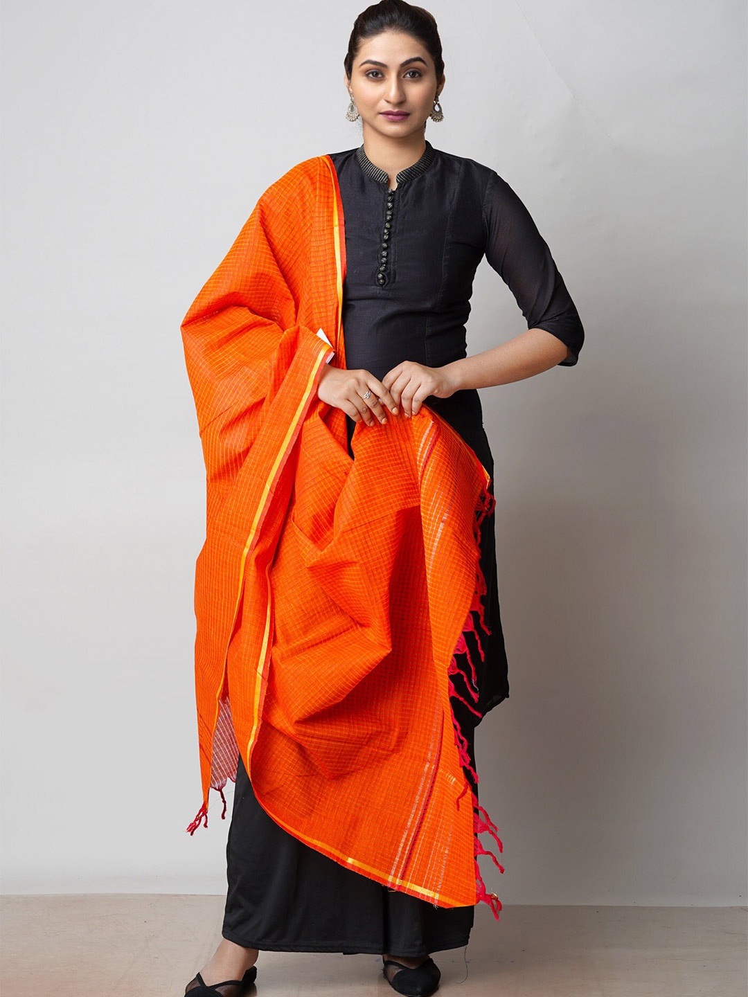 

Unnati Silks Checked Pure Cotton Dupatta, Orange
