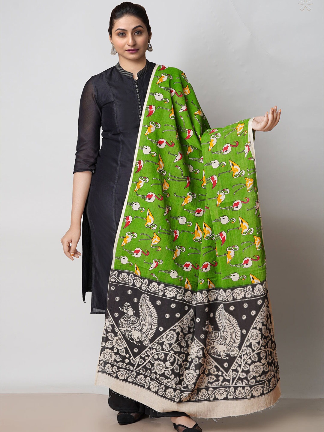 

Unnati Silks Ethnic Motifs Printed Pure Cotton Kalamkari Dupatta, Green