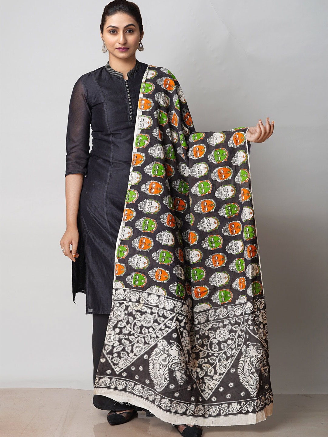 

Unnati Silks Ethnic Motifs Printed Pure Cotton Kalamkari Dupatta, Black