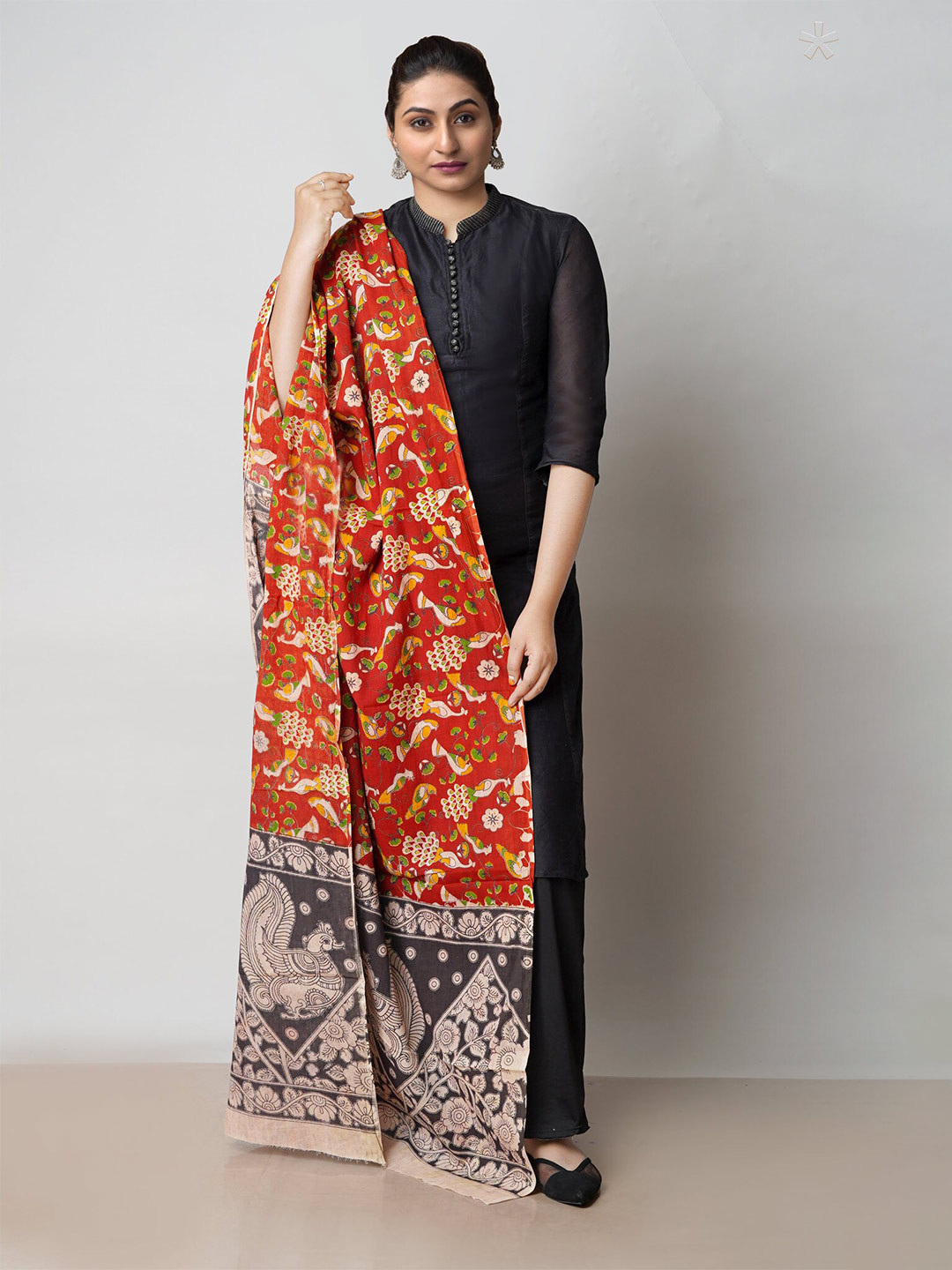 

Unnati SilksEthnic Motifs Printed Pure Cotton Kalamkari Dupatta, Red