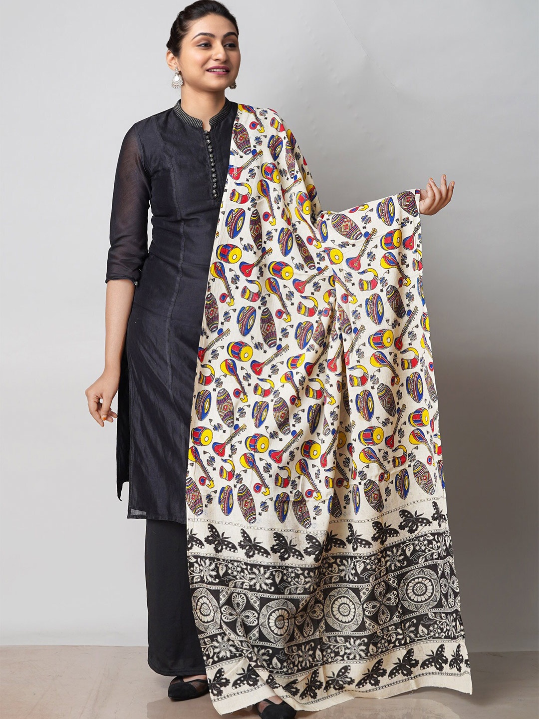 

Unnati Silks Ethnic Motifs Printed Pure Cotton Kalamkari Dupatta, Cream