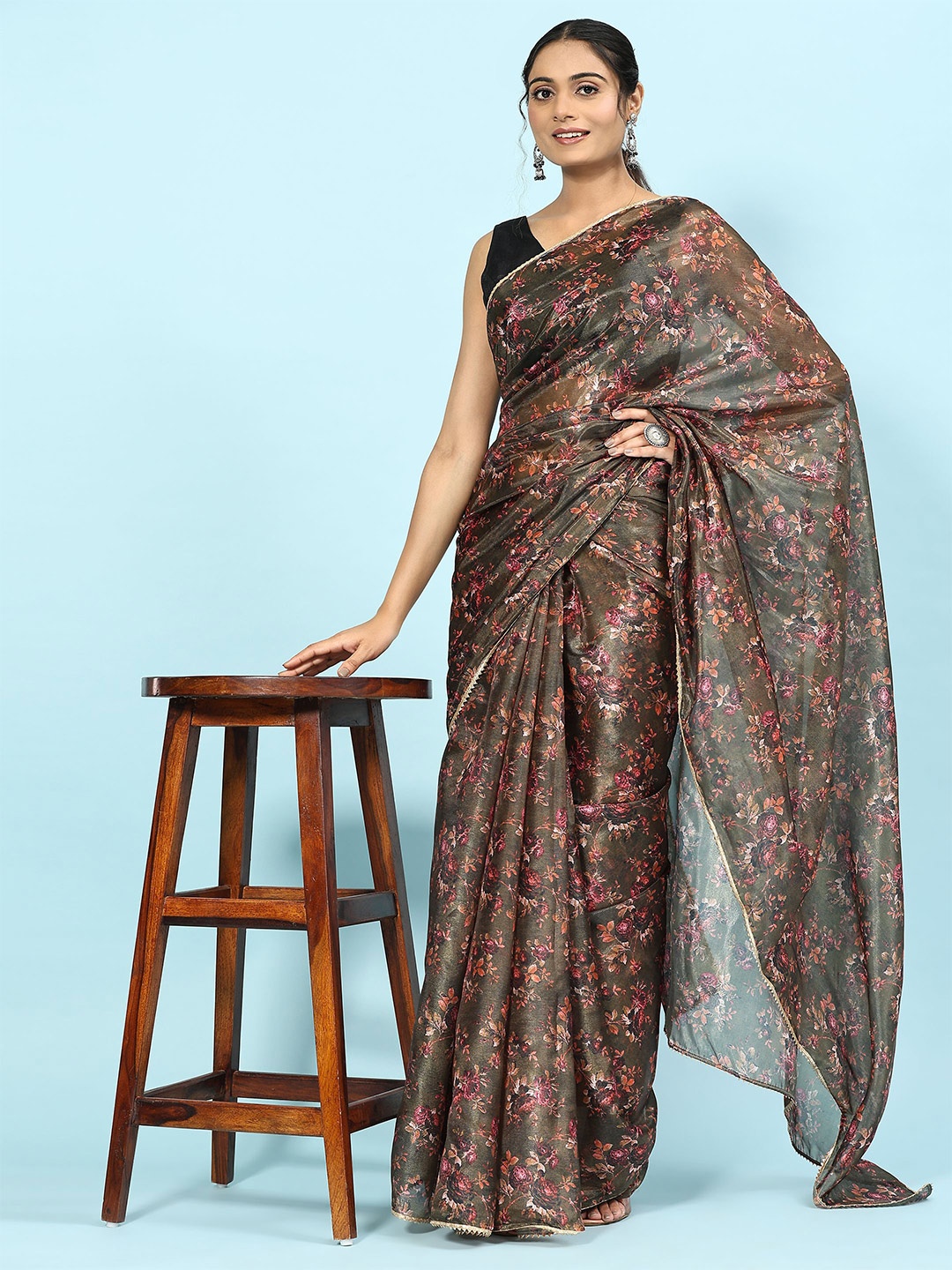 

RACHNA Floral Printed Gotta Patti Organza Saree, Green