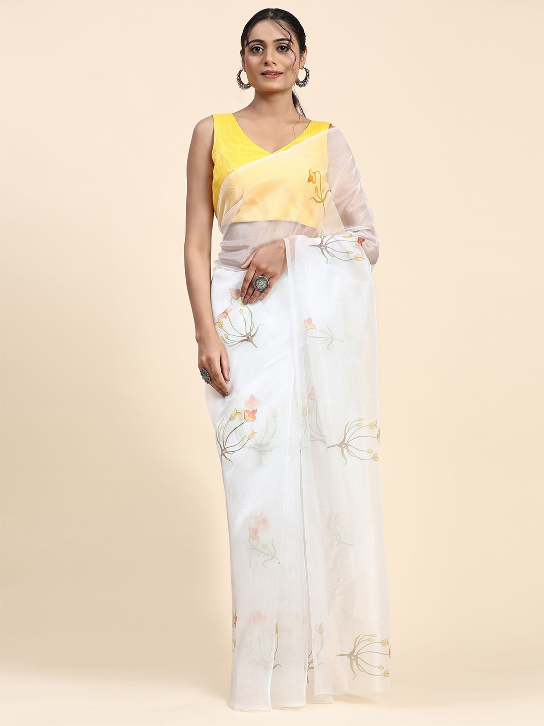 

RACHNA Floral Printed Organza Saree, White