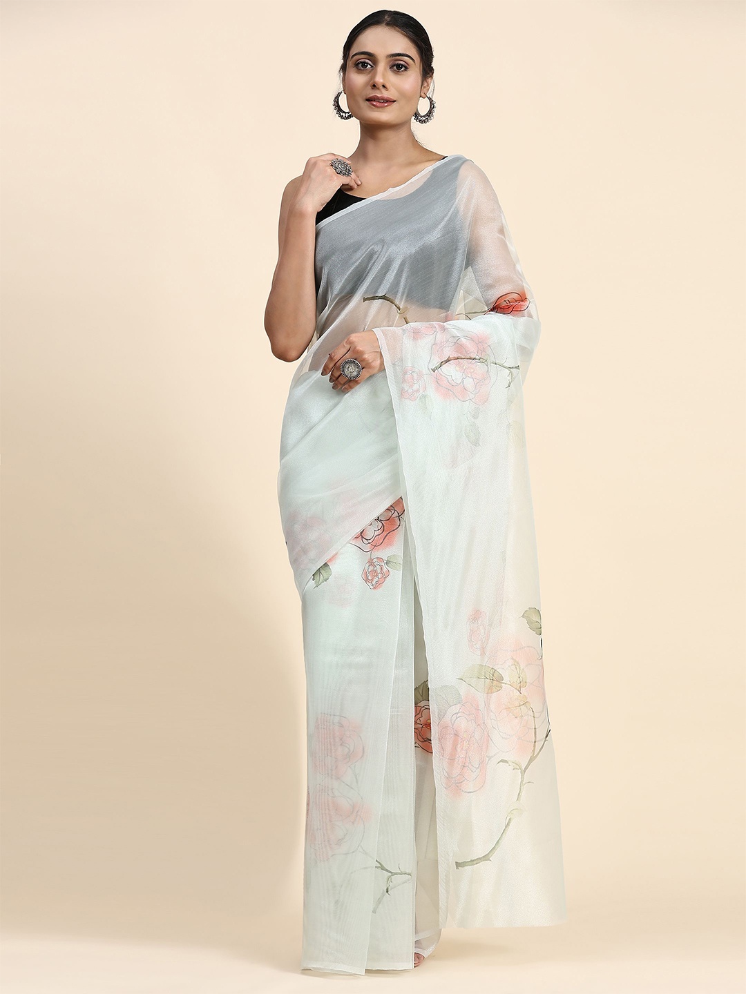 

RACHNA Floral Printed Organza Saree, Green