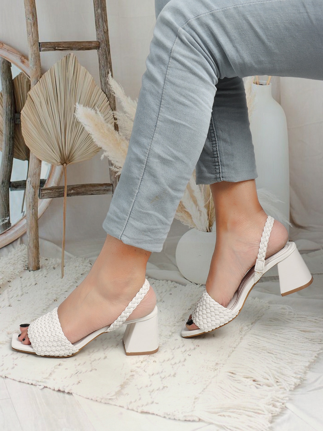 

ELLE Textured Block Heels With Backstrap, White