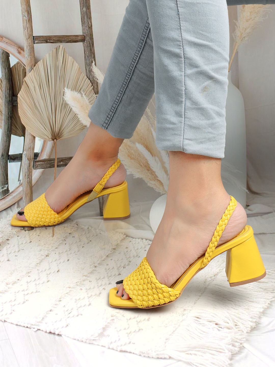 

ELLE Textured Square Toe Block Heels, Yellow