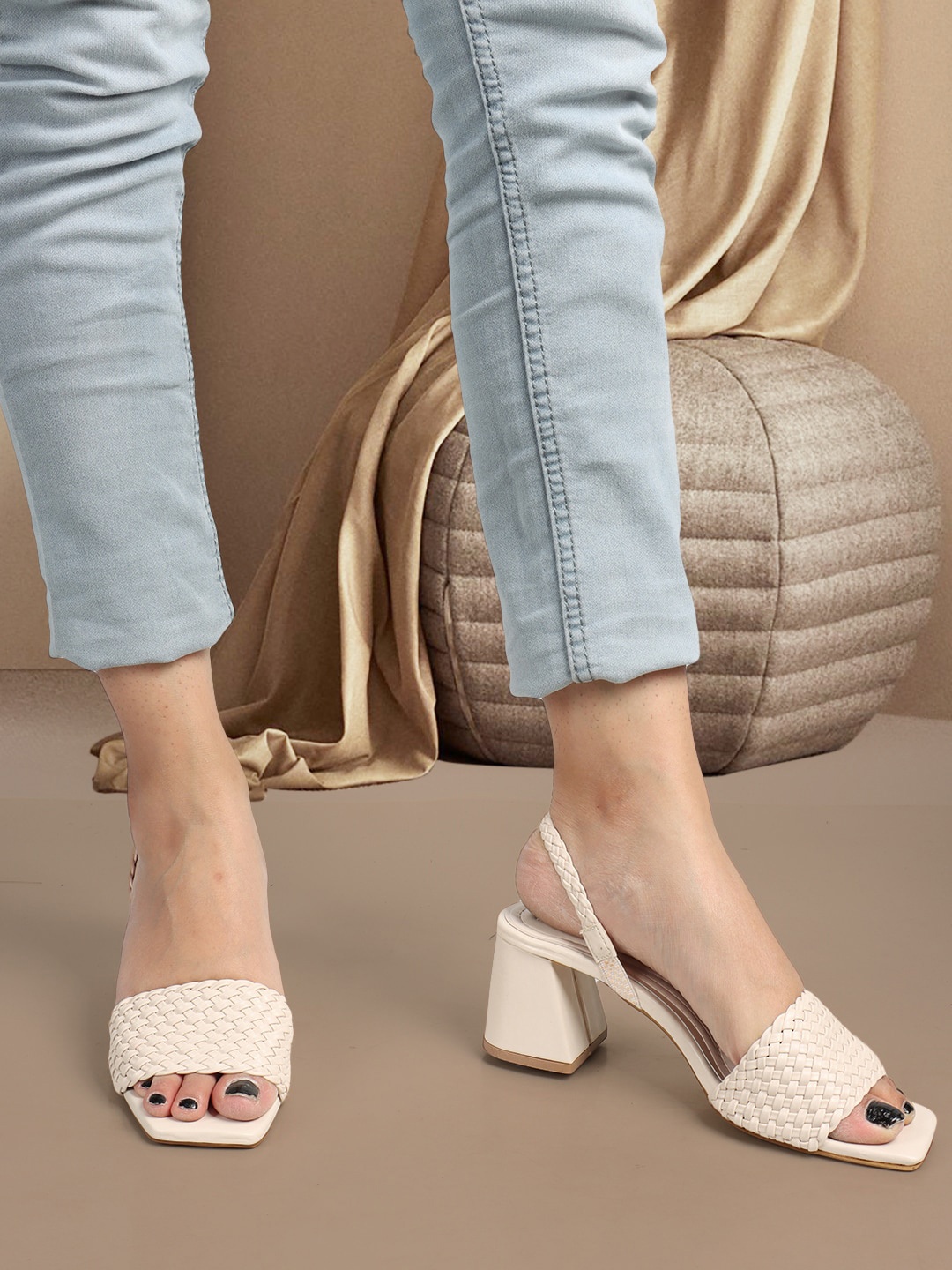 

ELLE Textured Square Toe Block Heels, Cream