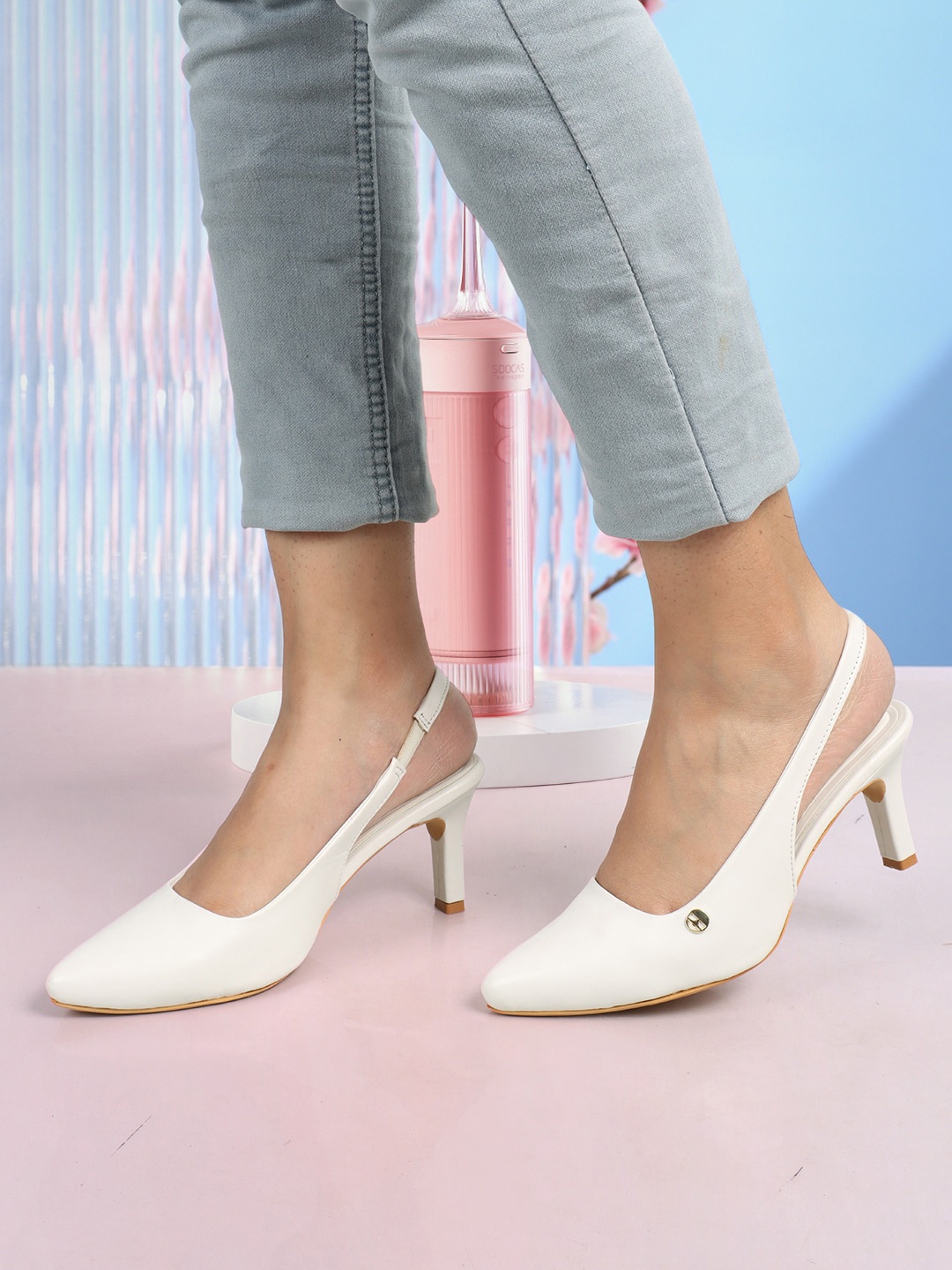 

ELLE Pointed Toe Slim Heel Mules, White