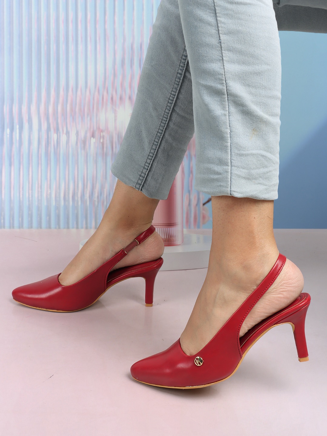 

ELLE Pointed Toe Slingback Slim Heels, Red