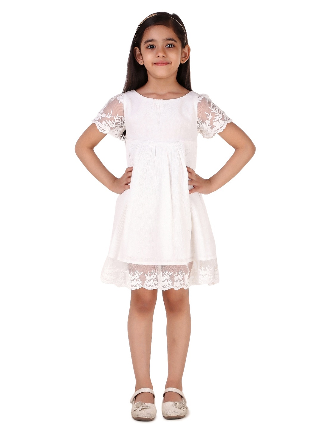 

Miyo Girls Round Neck Cotton A-Line Dress, Off white