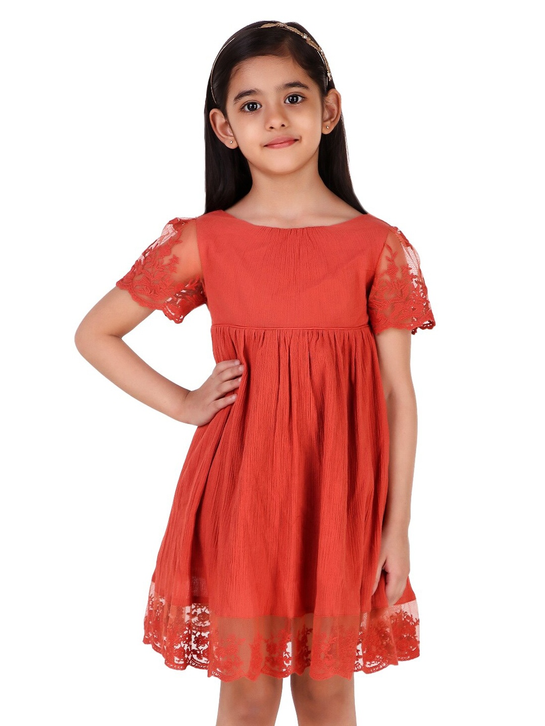 

Miyo Girls Self Design Cotton Empire Dress, Rust