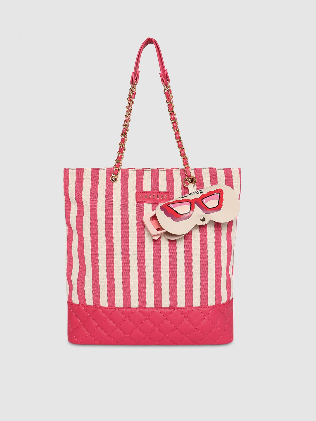 

Caprese Emily in Paris Striped PU Structured Tote Bag with Charm, Pink