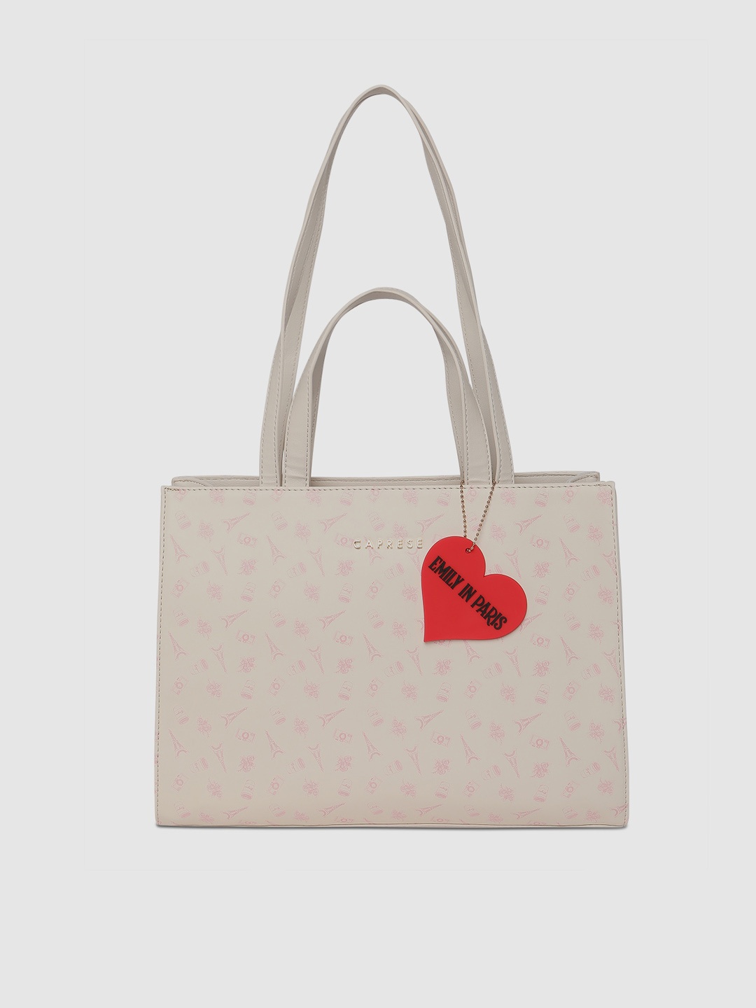 

Caprese Emily in Paris Printed PU Oversized Structured Tote Bag with Heart Charm, Beige