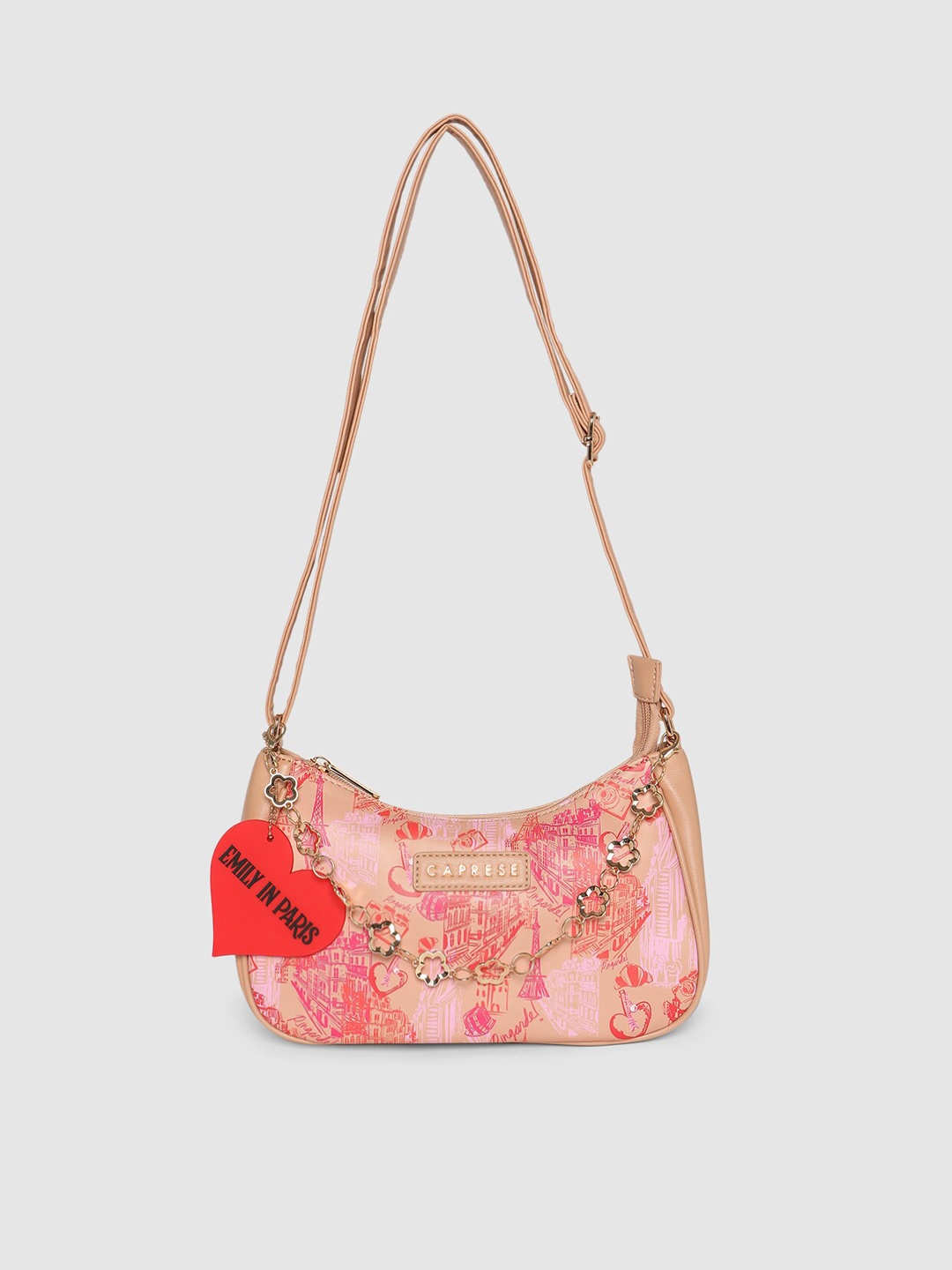 

Caprese Women Emily in Paris Graphic Printed Structured Sling Bag, Peach