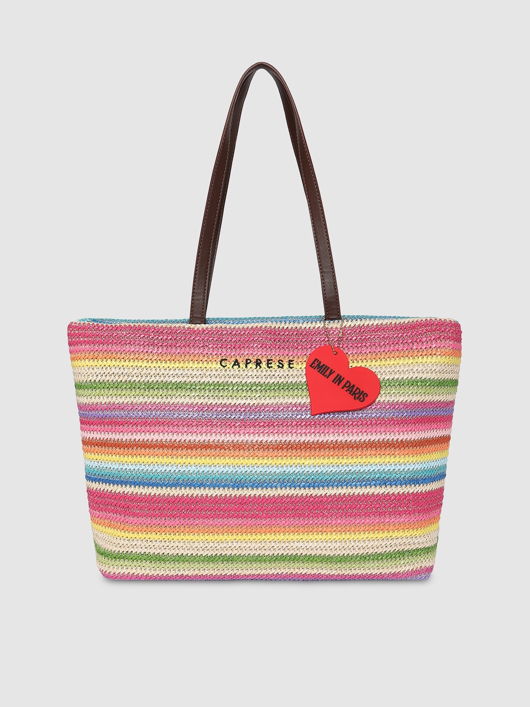 

Caprese Women Emily in Paris Striped Structured Tote Bag with Applique, Pink