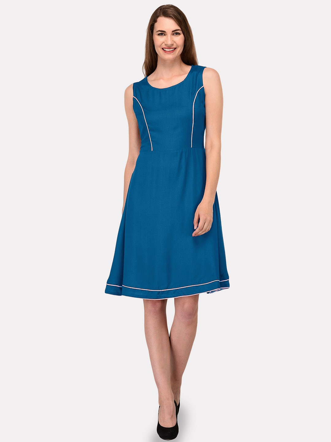 

PATRORNA Round Neck Sleeveless Cotton Fit & Flare Dress, Blue