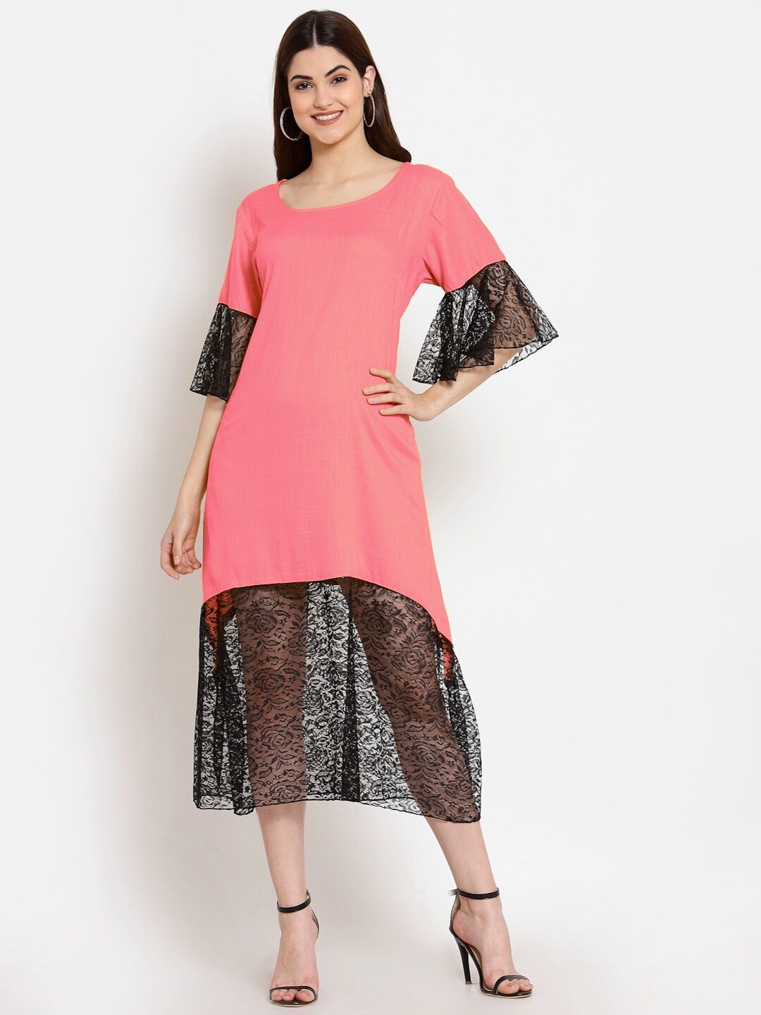 

PATRORNA Lace Insert Bell Sleeves A-Line Midi Cotton Dress, Pink