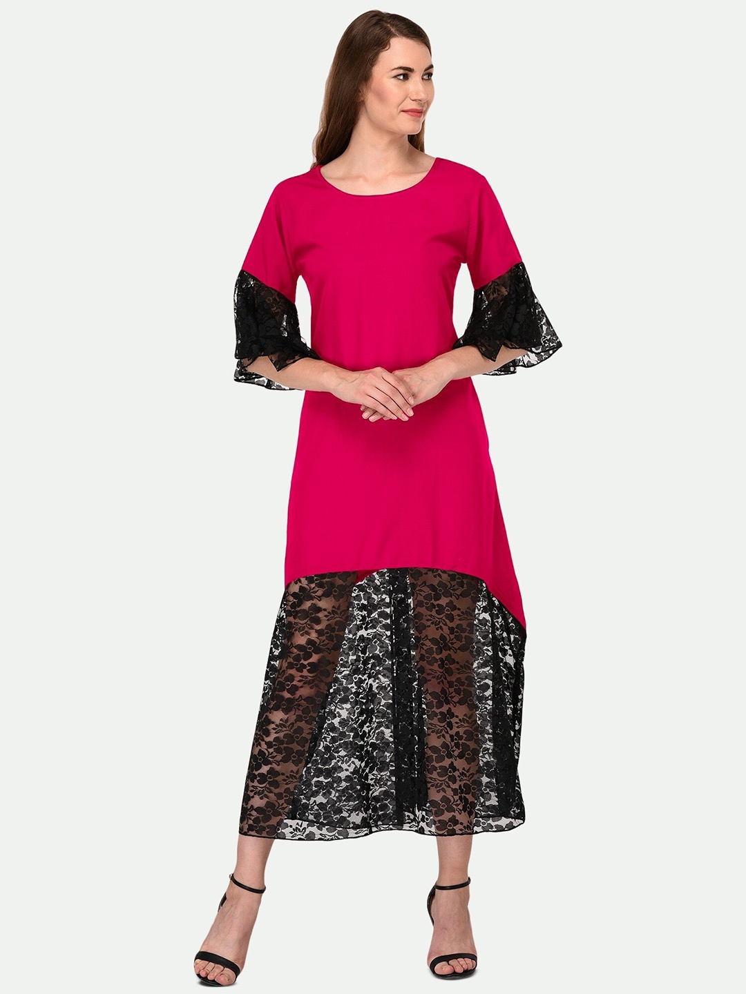 

PATRORNA Lace Insert Bell Sleeves A-Line Midi Cotton Dress, Pink