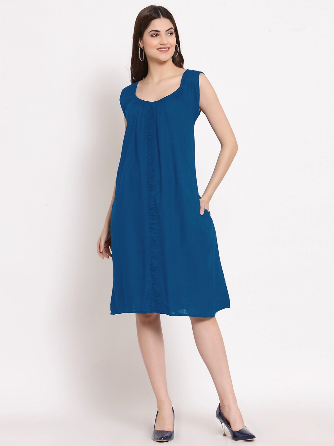 

PATRORNA Cotton Round Neck A-Line Dress, Blue