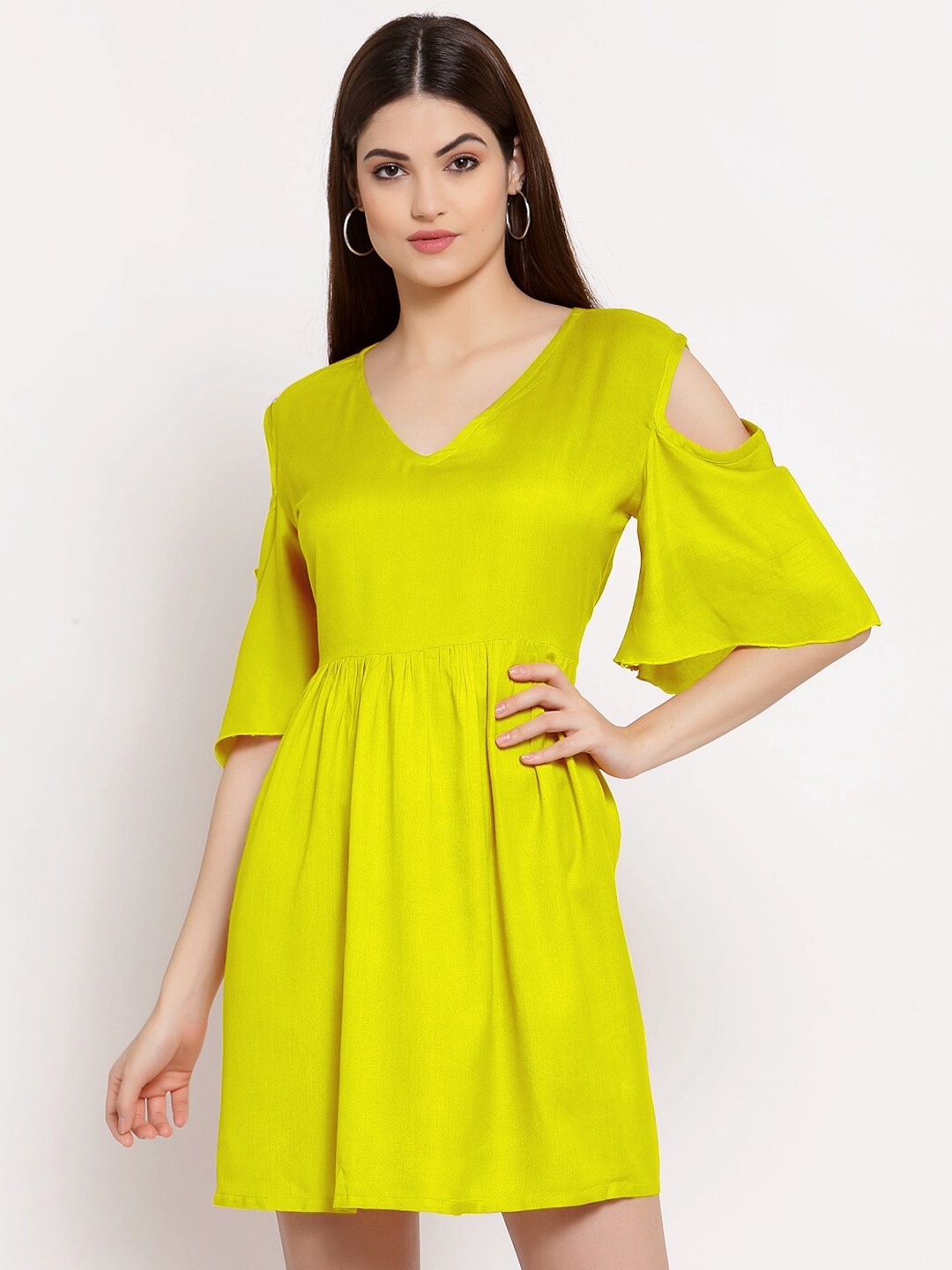 

PATRORNA Cold-Shoulder Fit & Flare Cotton Dress, Yellow