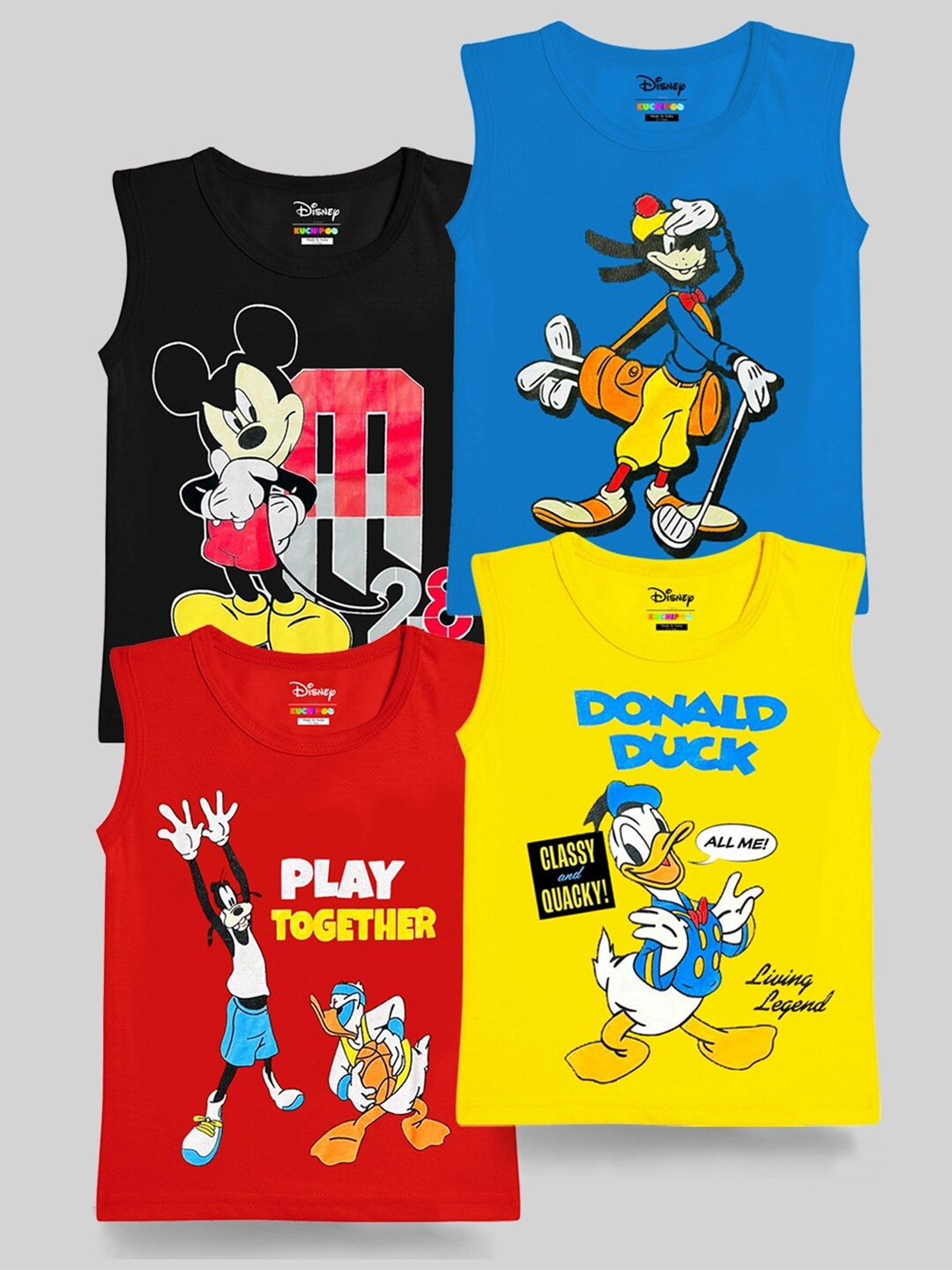 

KUCHIPOO Boys Pack Of 4 Mickey & Friends Printed Sleeveless Cotton T-shirts, Black