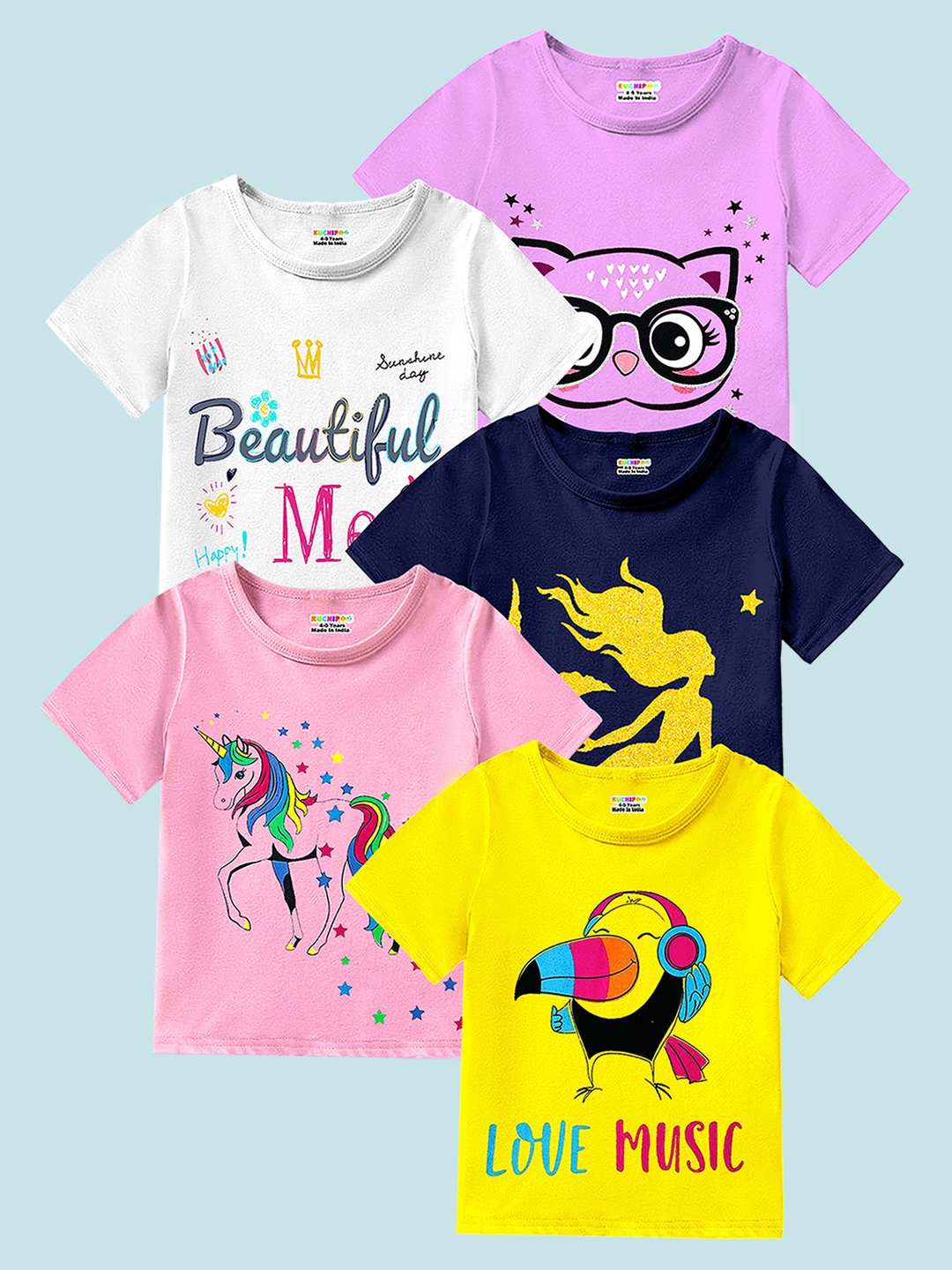 

KUCHIPOO Girls Pack 5 Printed Cotton Regular T-shirt, Pink