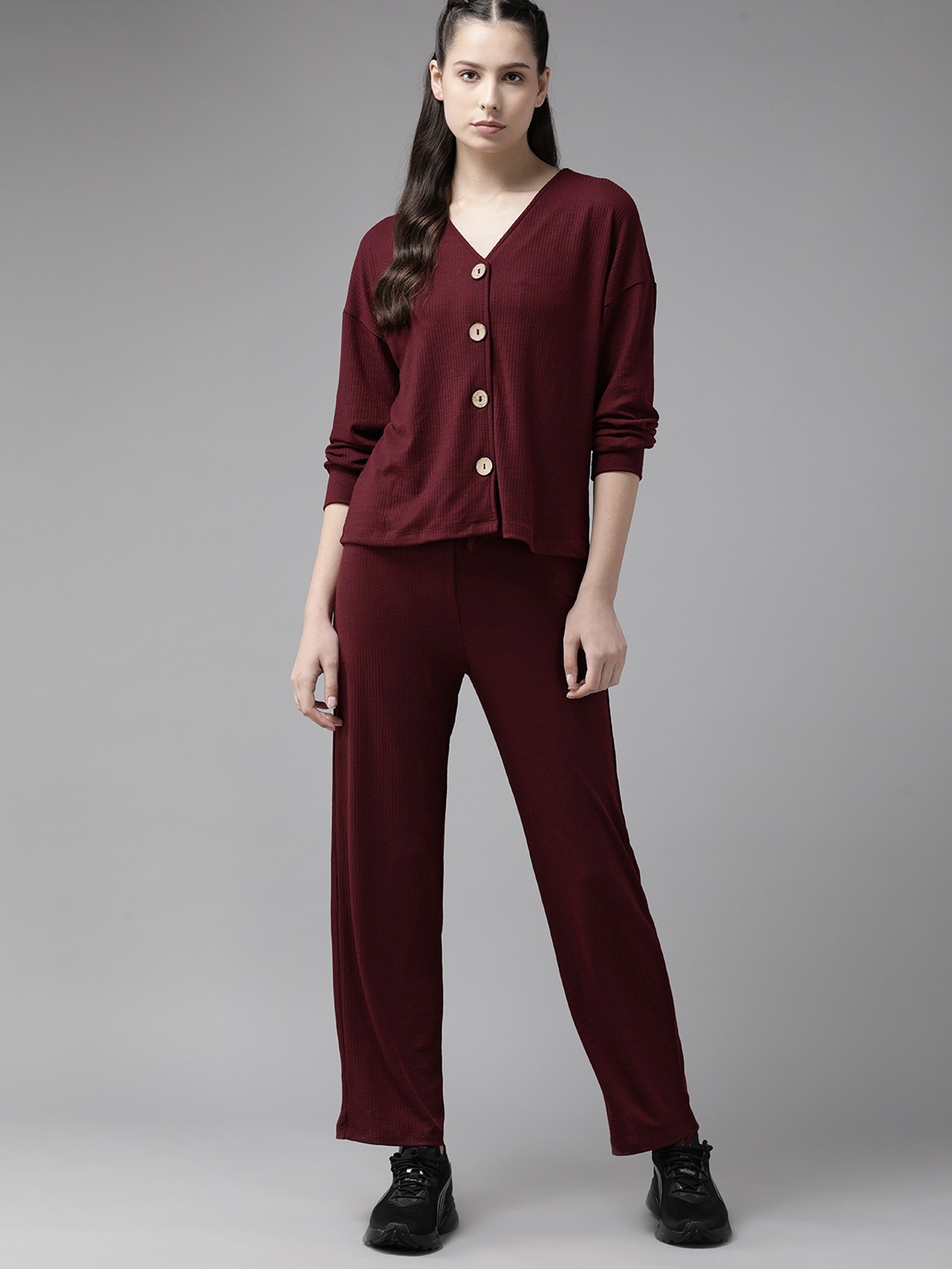 

Roadster Women Solid Pure Cotton Top with Trousers, Maroon